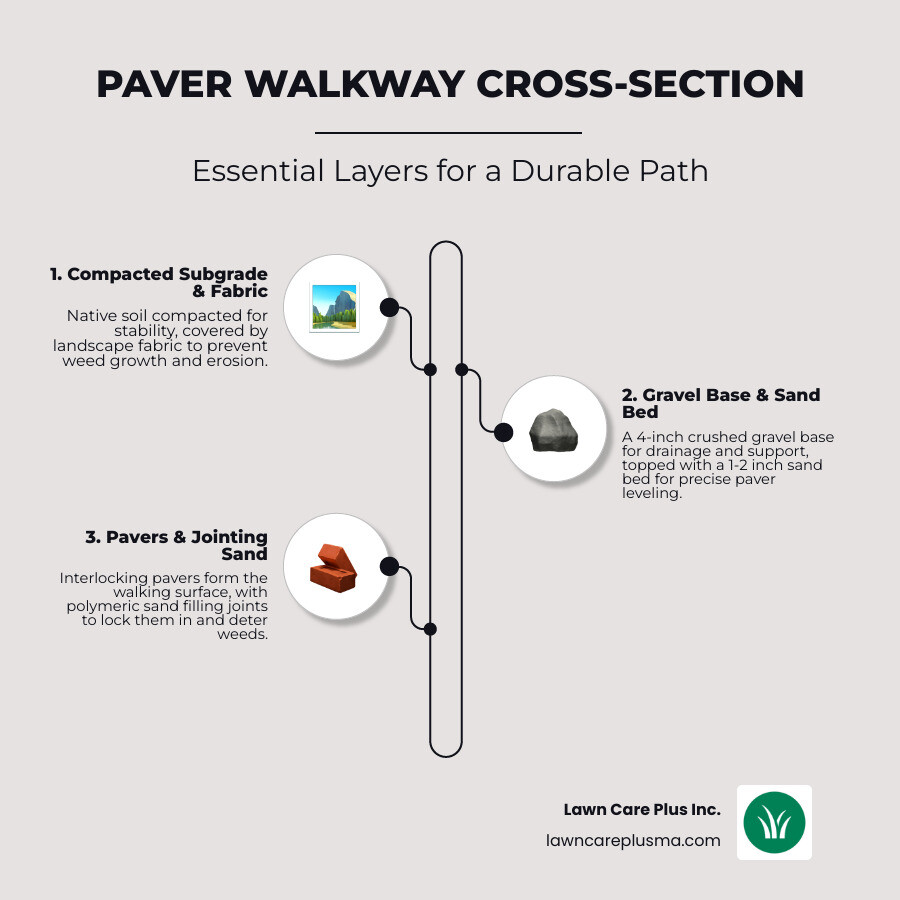 infographic showing cross-section of paver walkway layers from bottom to top: compacted subgrade soil, landscape fabric barrier, four-inch crushed gravel base layer, one to two-inch sand bed, interlocking pavers on surface, and polymeric sand filling joints between pavers - Walkway Installation infographic infographic-line-3-steps-elegant_beige