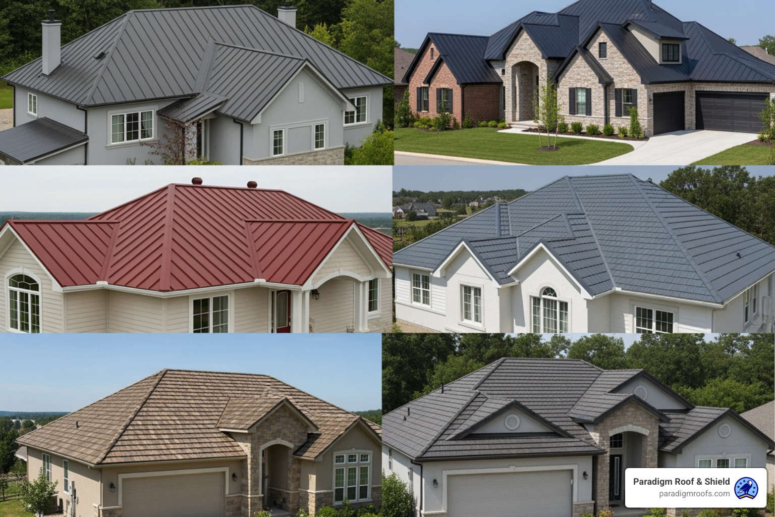 Collage showcasing different metal roof styles: standing seam, metal shingles, and stone-coated steel on various homes. - Metal roof installation McKinney Collage showcasing different metal roof styles: standing seam, metal shingles, and stone-coated steel on various homes. - Metal roof installation McKinney