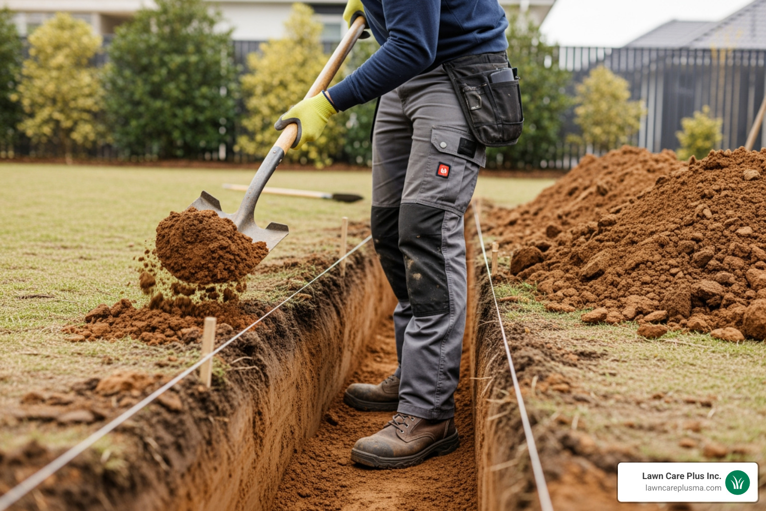 person digging a level trench for a retaining wall - building a small retaining wall