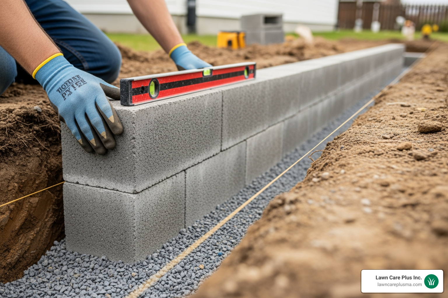 first course of blocks being laid and leveled in the trench - building a small retaining wall