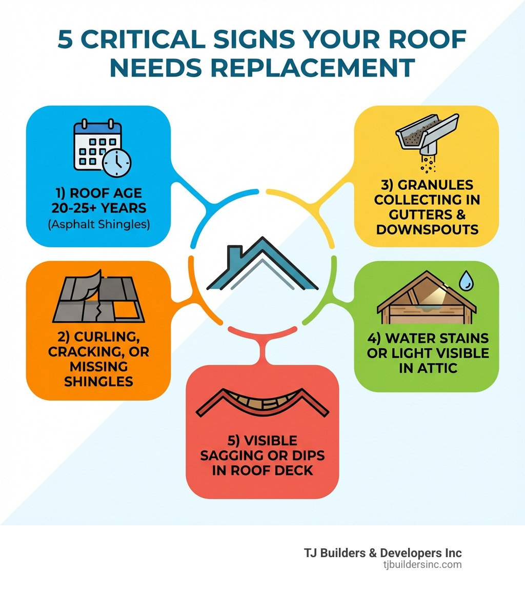 Infographic showing the 5 critical signs your roof needs replacement: 1) Roof age exceeds 20-25 years for asphalt shingles, 2) Shingles are curling, cracking, or missing, 3) Shingle granules collecting in gutters and downspouts, 4) Water stains or light visible in attic indicating leaks, 5) Visible sagging or dips in the roof deck suggesting structural damage - roof installation and replacement infographic 