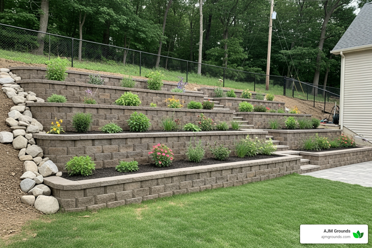 Sloped yard transformed with retaining wall garden - what is landscape hardscape service
