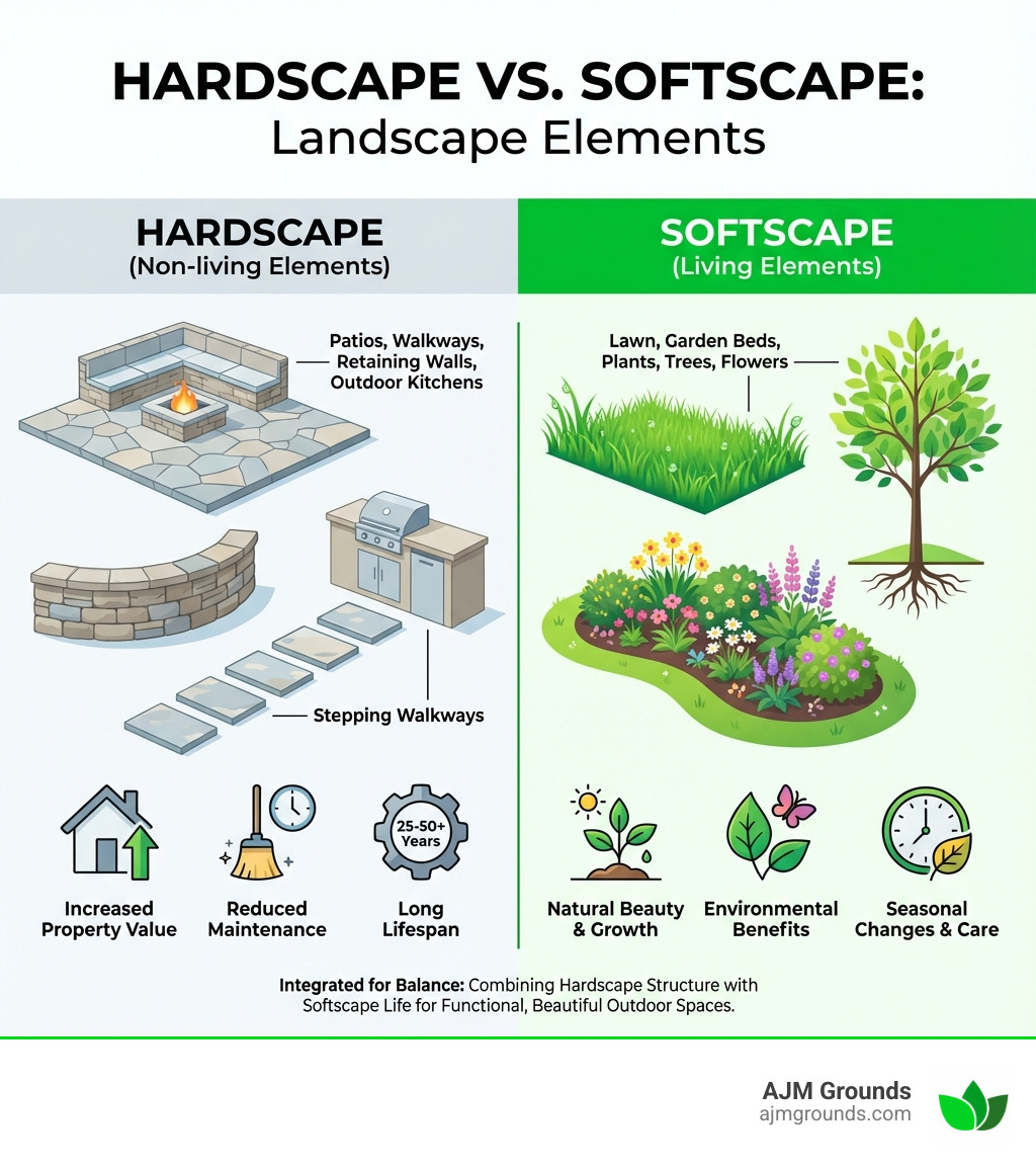 Infographic showing hardscape elements like patios and retaining walls versus softscape elements like lawn and garden beds - what is landscape hardscape service infographic 