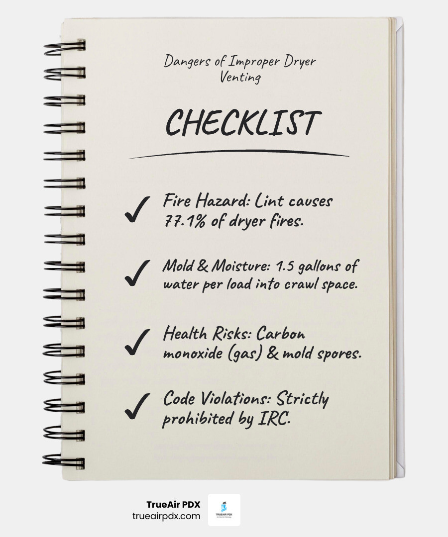 Infographic showing the top 3 dangers of improper dryer venting: Fire hazard from lint accumulation with flames icon, mold and mildew growth from moisture with spores icon, and poor indoor air quality affecting health with lungs icon - dryer venting under house infographic checklist-notebook