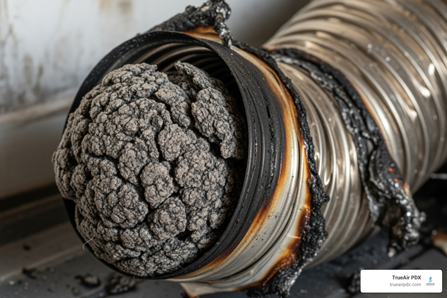 charred lint and a burnt dryer vent - dryer venting under house