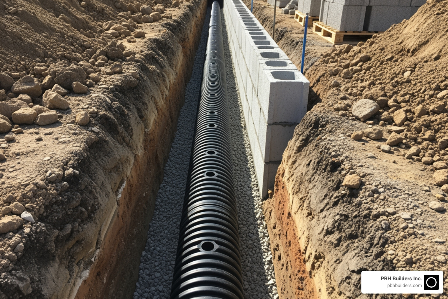 perforated pipe being laid in a trench behind a retaining wall base course - installing retaining wall drainage