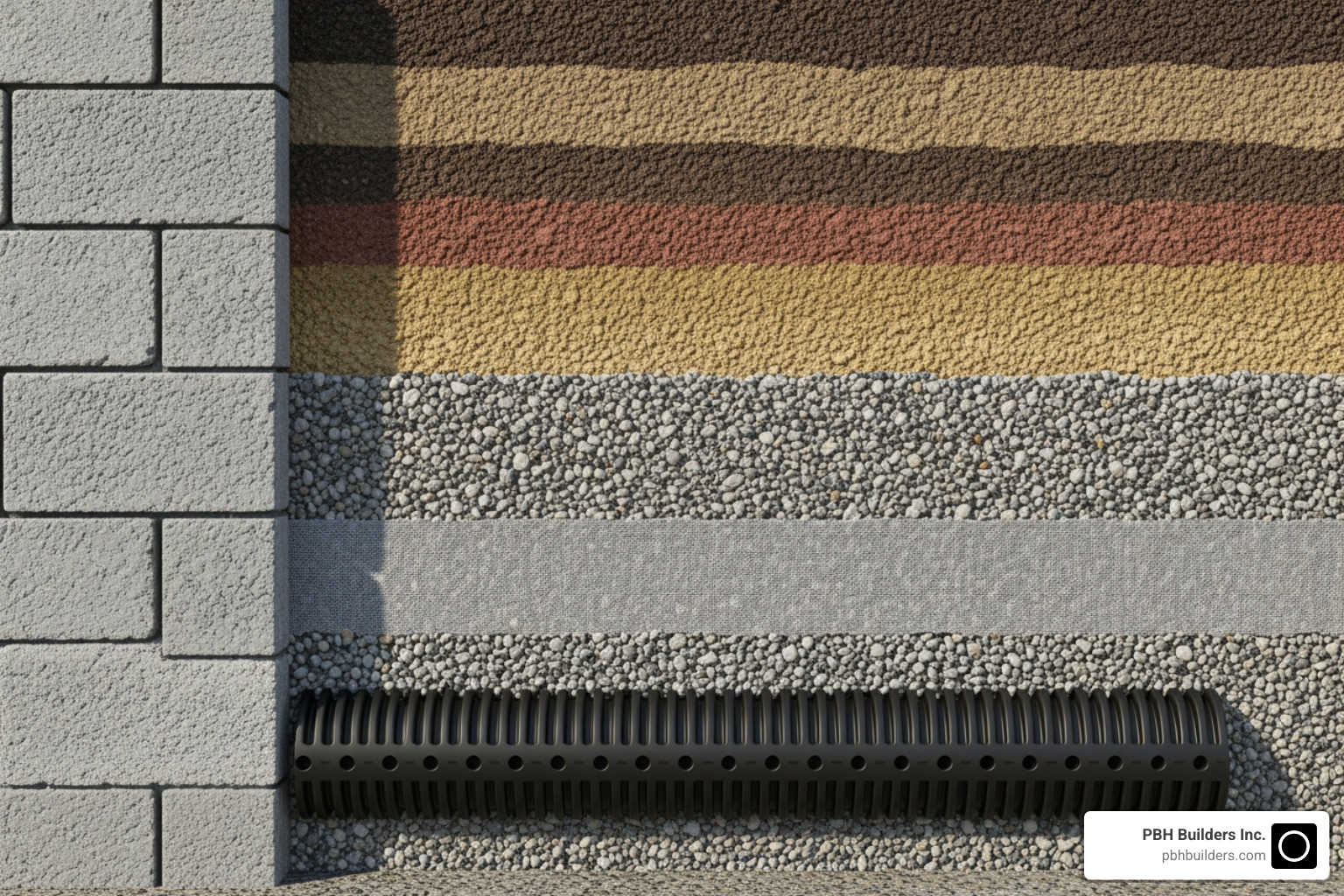 cross-section of a retaining wall showing all drainage components in place - installing retaining wall drainage