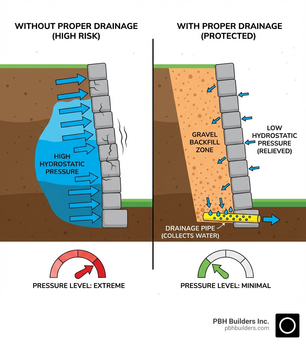 Infographic showing cross-section of retaining wall with water buildup creating hydrostatic pressure arrows pushing against wall face, drainage pipe at base collecting water, gravel backfill zone, and comparison of pressure levels with and without proper drainage - installing retaining wall drainage infographic 