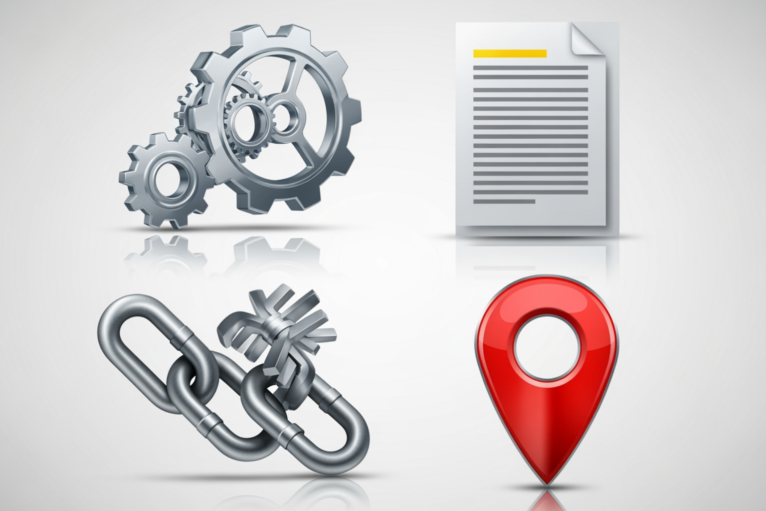 Image illustrating the four pillars of SEO: Technical SEO (gears), On-Page SEO (content and keywords), Off-Page SEO (links and authority), and Local SEO (map pin) - seo for construction