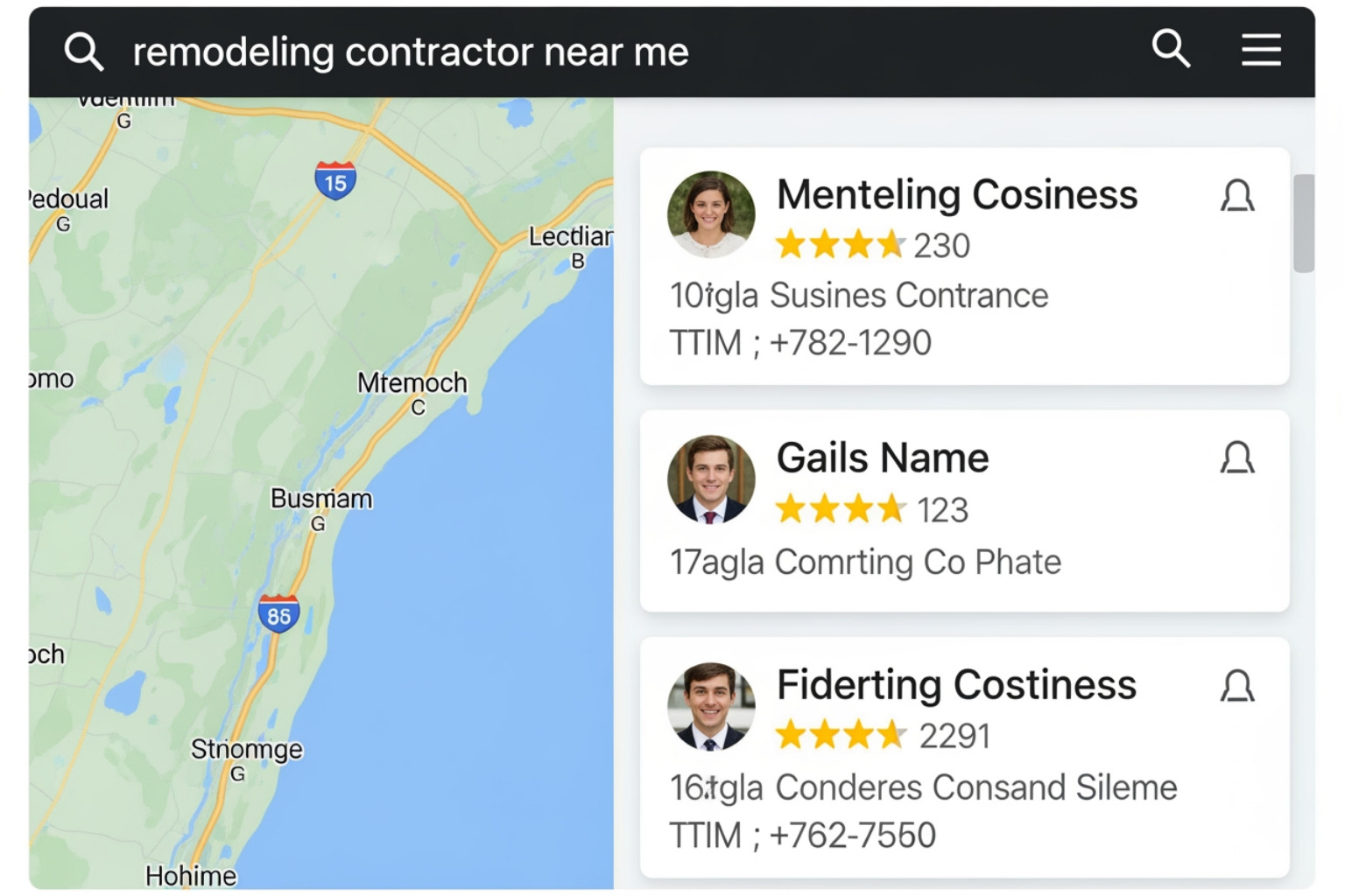 Image showing a Google Map Pack result for a "remodeling contractor near me" query, displaying three local businesses with ratings, addresses, and phone numbers - seo for construction