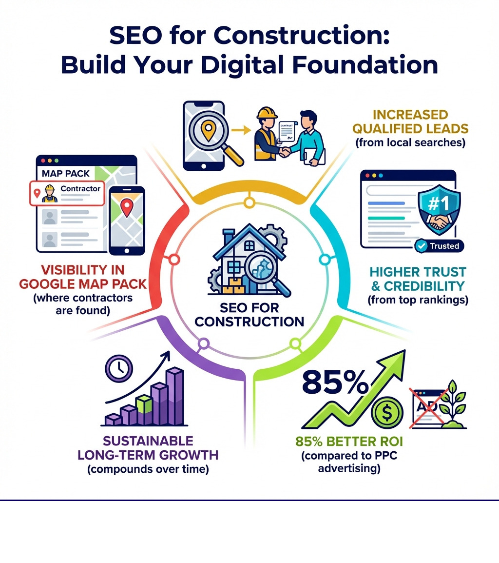 Infographic showing the key benefits of SEO for construction companies: increased qualified leads from local searches, higher trust and credibility from top rankings, 85% better ROI compared to PPC advertising, sustainable long-term growth that compounds over time, and visibility in Google Map Pack where most customers find contractors - seo for construction infographic 
