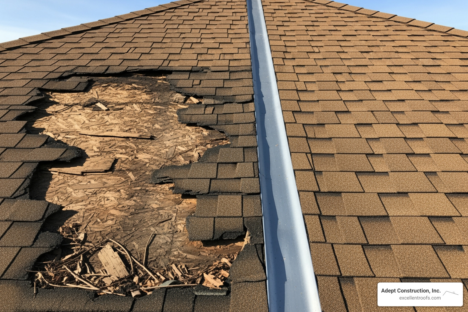 A damaged roof section next to a newly repaired section - how to find quality roofers near me