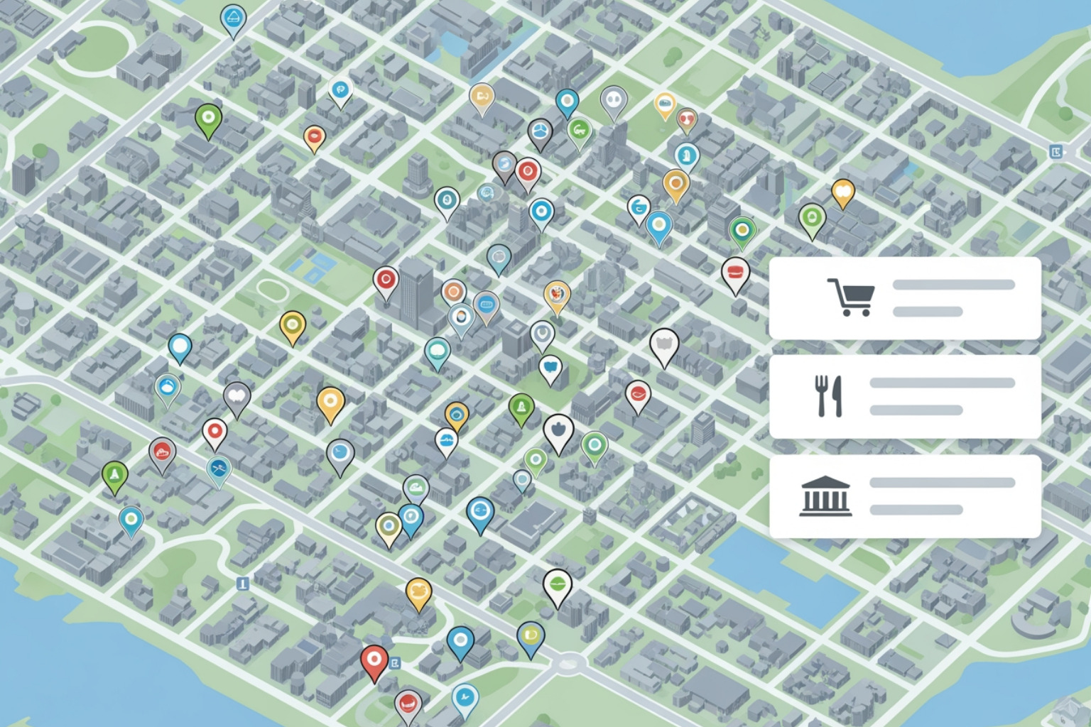 map with pins showing a construction company's service area and the Google Local Pack - construction seo company map with pins showing a construction company's service area and the Google Local Pack - construction seo company