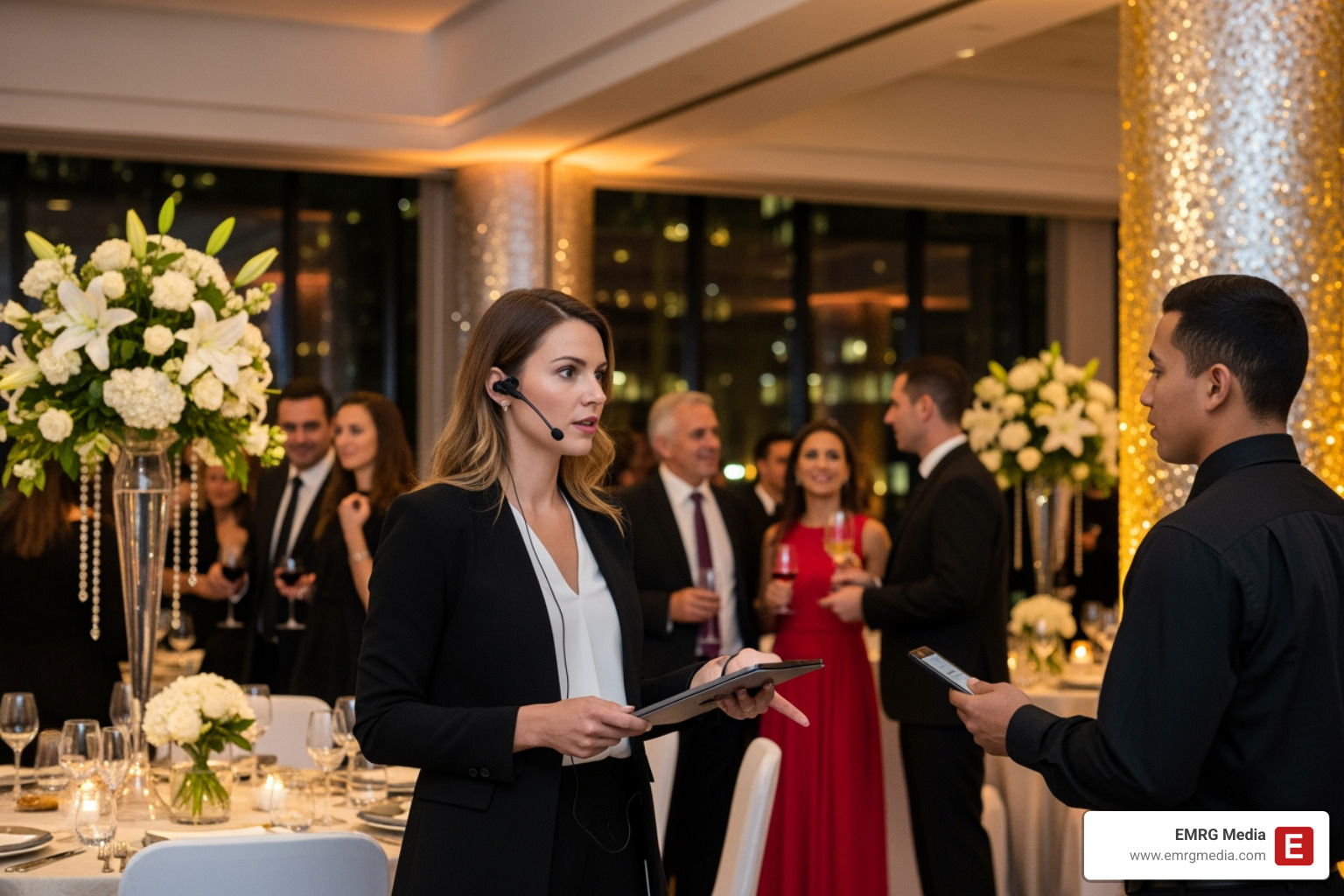 An event planner coordinating with staff via headset during a live event, surrounded by elegant decorations and guests. - celebrity event planner