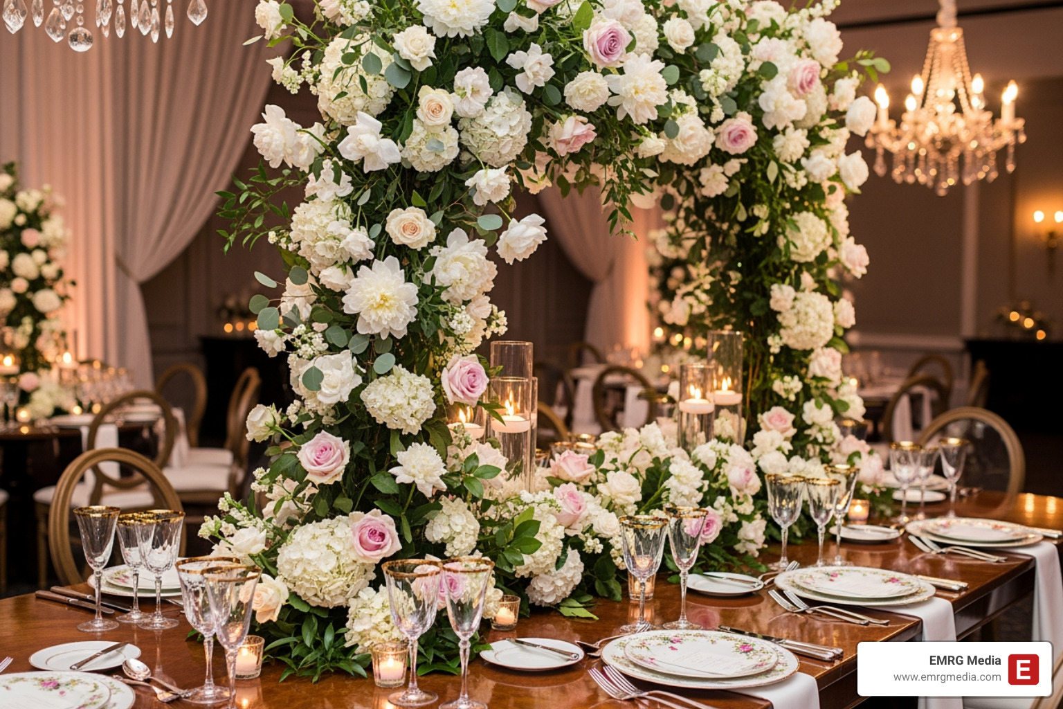 An elaborate floral installation at a luxury event, featuring towering white and pink flowers cascading over a dining table set with fine china and crystal. - celebrity event planner