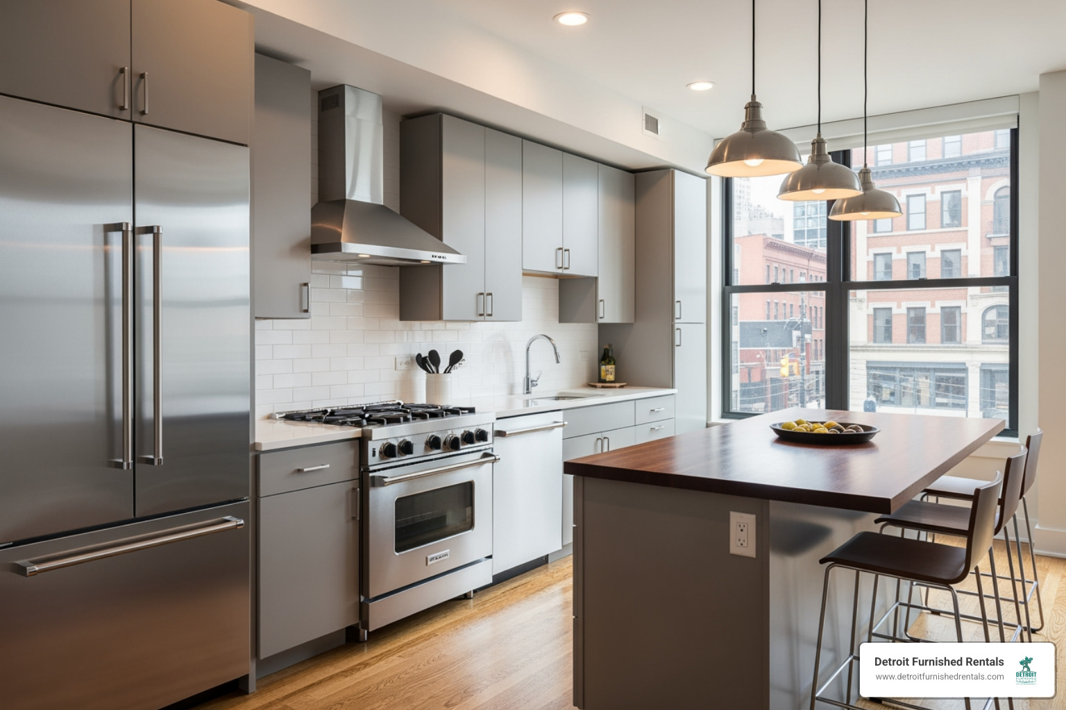 modern kitchen in a Detroit rental apartment - monthly apartment rentals Detroit