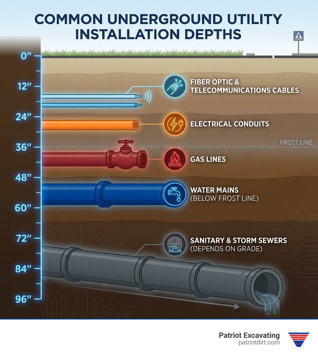 Infographic showing common underground utilities and their typical installation depths: fiber optic and telecommunications cables at 18-24 inches, electrical conduits at 24-36 inches, gas lines at 36-48 inches, water mains at 36-60 inches below frost line, and sanitary/storm sewers at 48-96 inches depending on grade requirements - utility trenching infographic Infographic showing common underground utilities and their typical installation depths: fiber optic and telecommunications cables at 18-24 inches, electrical conduits at 24-36 inches, gas lines at 36-48 inches, water mains at 36-60 inches below frost line, and sanitary/storm sewers at 48-96 inches depending on grade requirements - utility trenching infographic