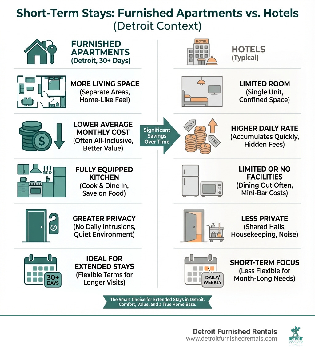 infographic showing comparison of short-term furnished apartments vs hotels including space, cost per month, kitchen facilities, privacy, and flexibility - short term furnished apartments in detroit infographic 