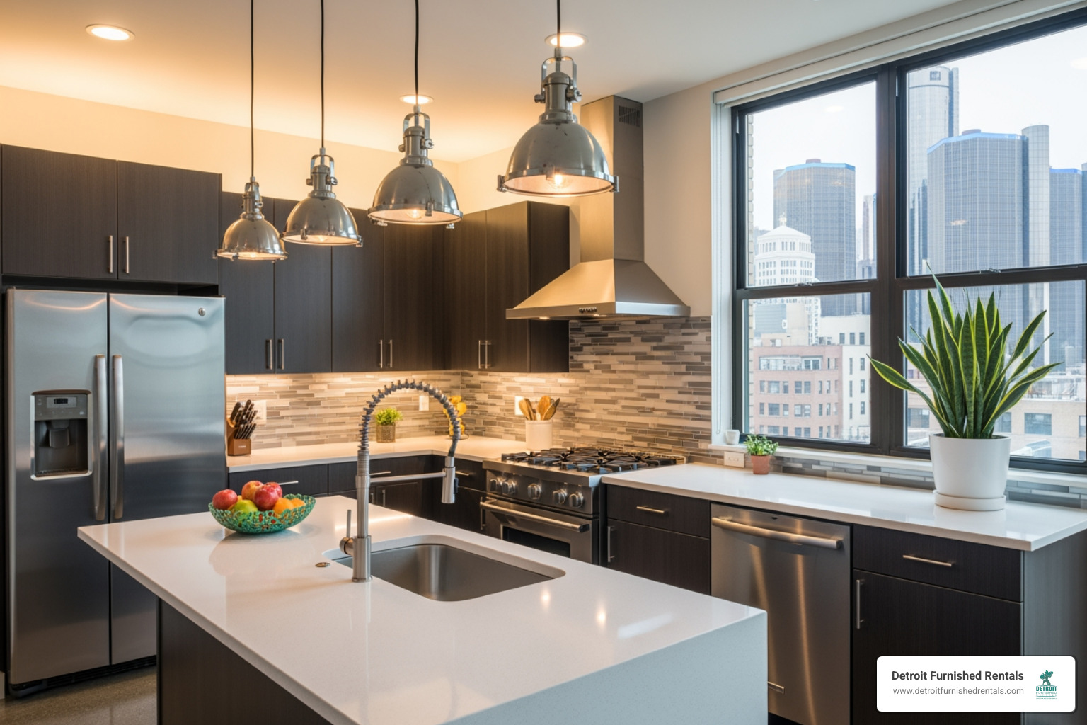 fully equipped kitchen in a Detroit apartment - short term furnished apartments in detroit