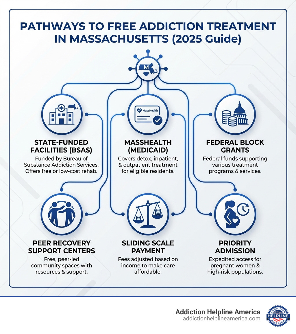Infographic showing pathways to free addiction treatment in Massachusetts including state-funded facilities through BSAS, MassHealth Medicaid eligibility and coverage, federal block grants supporting treatment programs, peer recovery support centers offering free community resources, sliding scale payment options based on income, and priority admission for pregnant women and high-risk populations - free drug rehab centers in massachusetts infographic Infographic showing pathways to free addiction treatment in Massachusetts including state-funded facilities through BSAS, MassHealth Medicaid eligibility and coverage, federal block grants supporting treatment programs, peer recovery support centers offering free community resources, sliding scale payment options based on income, and priority admission for pregnant women and high-risk populations - free drug rehab centers in massachusetts infographic