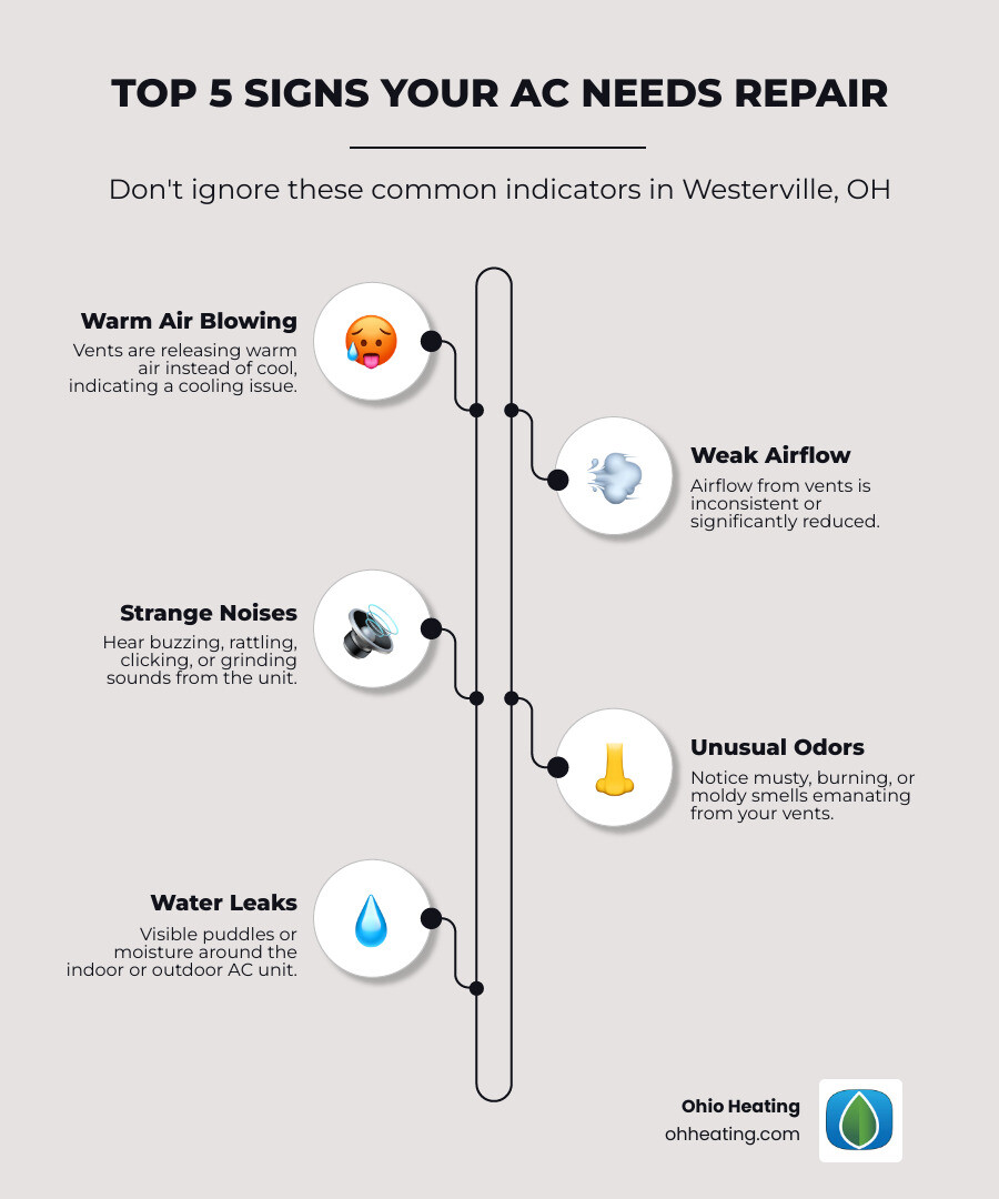 Infographic showing the top 5 signs your air conditioner needs repair: 1. Warm air blowing from vents instead of cool air, 2. Weak or inconsistent airflow throughout your property, 3. Strange noises like buzzing, rattling, or clicking sounds, 4. Unusual odors such as musty or burning smells from vents, 5. Visible water leaks or moisture around the AC unit - air conditioner repair westerville ohio infographic infographic-line-5-steps-elegant_beige