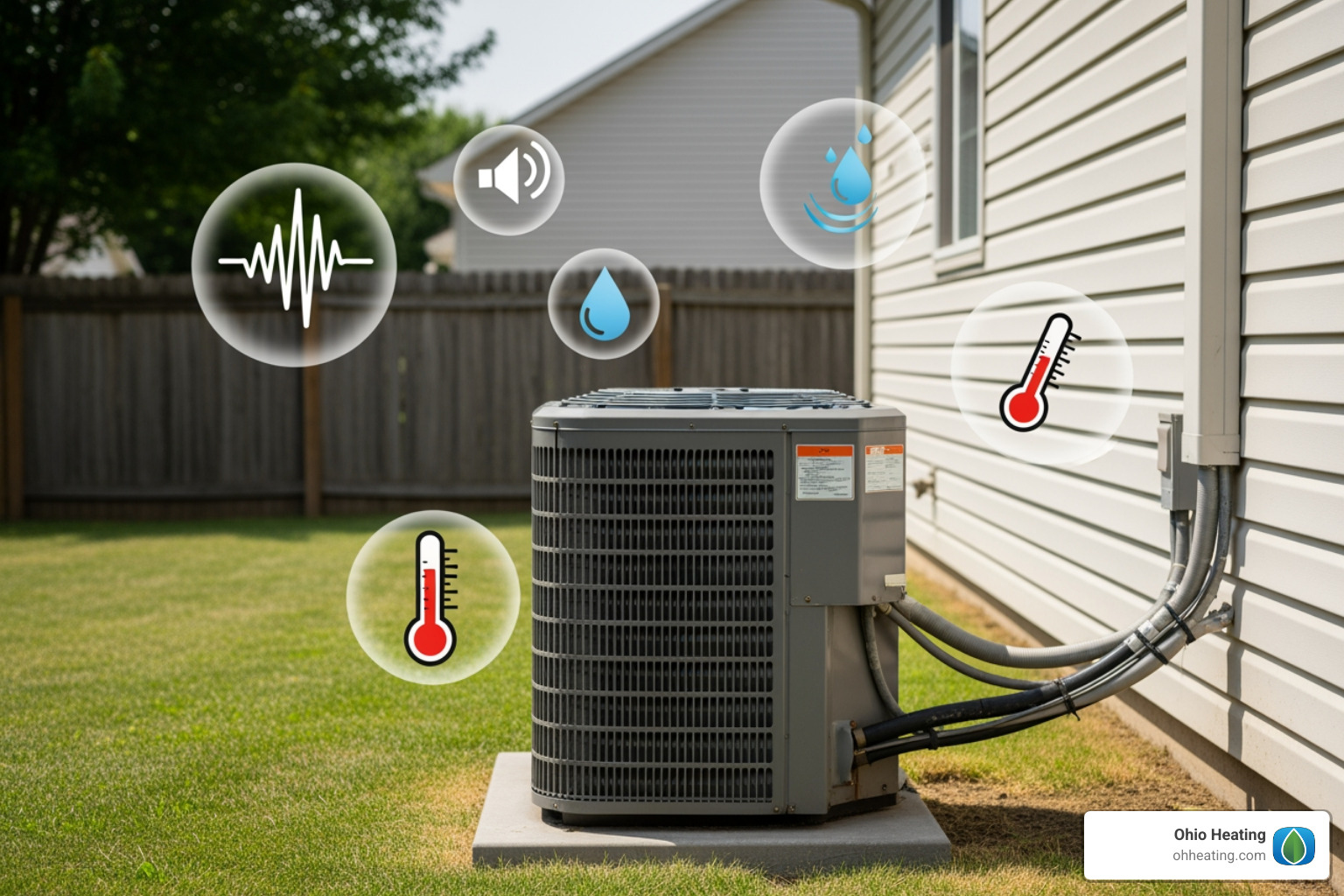 AC unit with icons indicating problems like noise and leaks - air conditioner repair westerville ohio