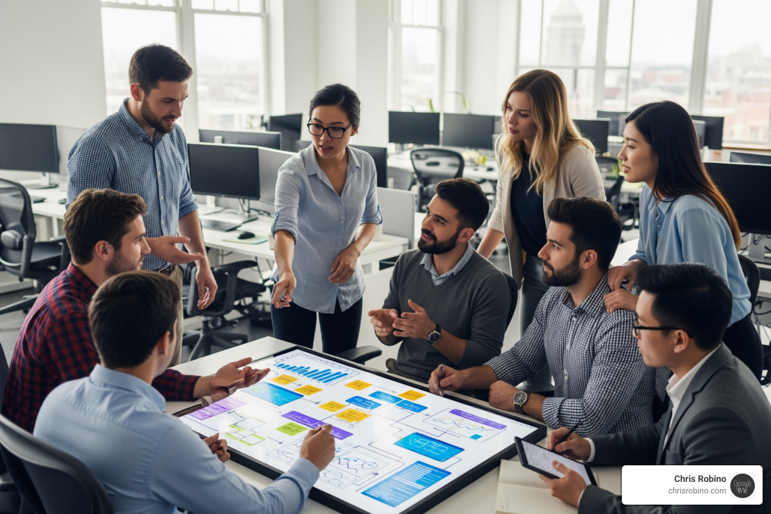 Diverse tech team collaborating around a digital whiteboard - Tech industry insights Diverse tech team collaborating around a digital whiteboard - Tech industry insights