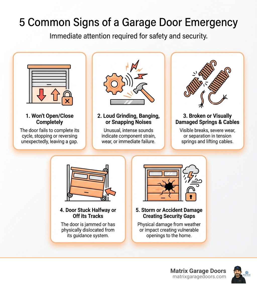Infographic showing the 5 most common signs of a garage door emergency: 1) Door won't open or close completely, 2) Loud grinding, banging, or snapping noises, 3) Broken or visibly damaged springs and cables, 4) Door stuck halfway or off its tracks, 5) Storm or accident damage creating security gaps - emergency garage door repair columbus ohio infographic 