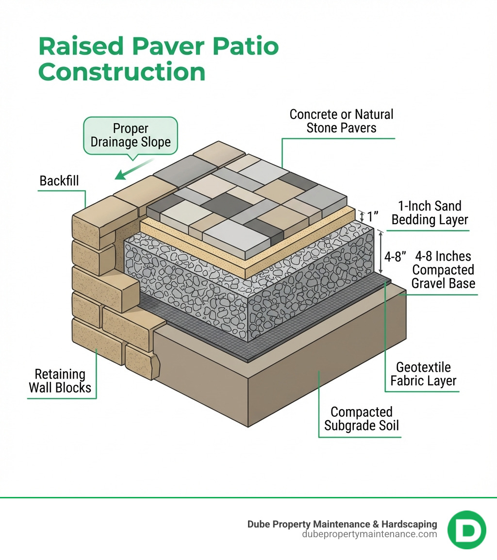 Infographic showing cross-section of raised paver patio construction with labeled layers: compacted subgrade soil at bottom, geotextile fabric layer, 4-8 inches of compacted gravel base, 1-inch sand bedding layer, concrete or natural stone pavers on top, and retaining wall blocks on the perimeter with backfill behind the wall and proper drainage slope - build raised paver patio infographic 