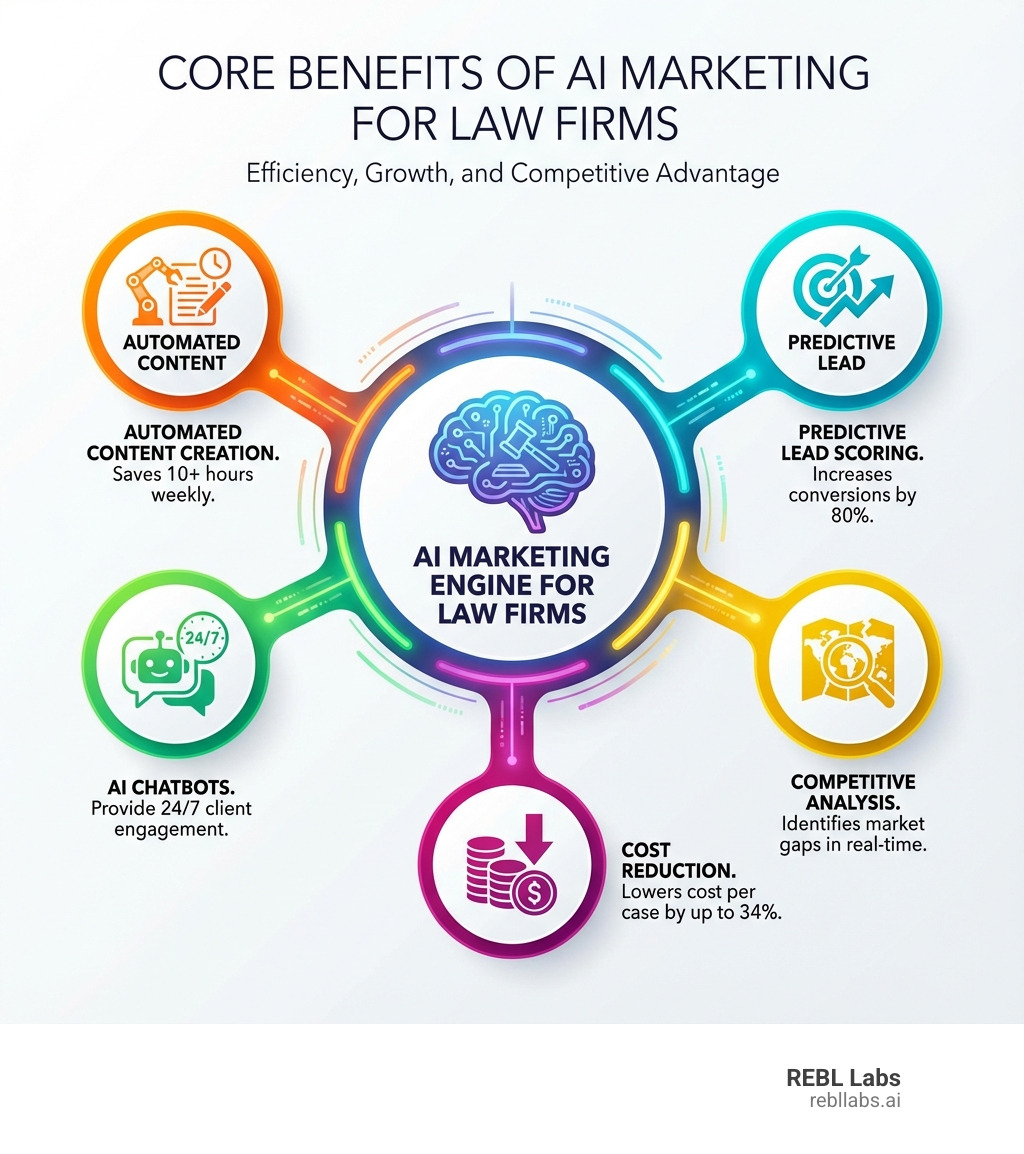 Infographic showing the core benefits of AI marketing for law firms: Automated Content Creation saves 10+ hours weekly, Predictive Lead Scoring increases conversions by 80%, AI Chatbots provide 24/7 client engagement, Competitive Analysis identifies market gaps in real-time, and Cost Reduction lowers cost per case by up to 34% - AI marketing solutions for law firms infographic 