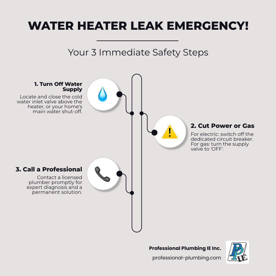 Infographic showing 3 immediate safety steps for a leaking water heater: Step 1 - Turn off cold water inlet valve at top of heater, Step 2 - Shut off power at breaker panel for electric or turn gas valve to off position for gas units, Step 3 - Call Professional Plumbing IE Inc for 24/7 emergency service, with warning icons for electrical hazard and water damage - temporary fix for leaking hot water heater infographic infographic-line-3-steps-elegant_beige Infographic showing 3 immediate safety steps for a leaking water heater: Step 1 - Turn off cold water inlet valve at top of heater, Step 2 - Shut off power at breaker panel for electric or turn gas valve to off position for gas units, Step 3 - Call Professional Plumbing IE Inc for 24/7 emergency service, with warning icons for electrical hazard and water damage - temporary fix for leaking hot water heater infographic infographic-line-3-steps-elegant_beige
