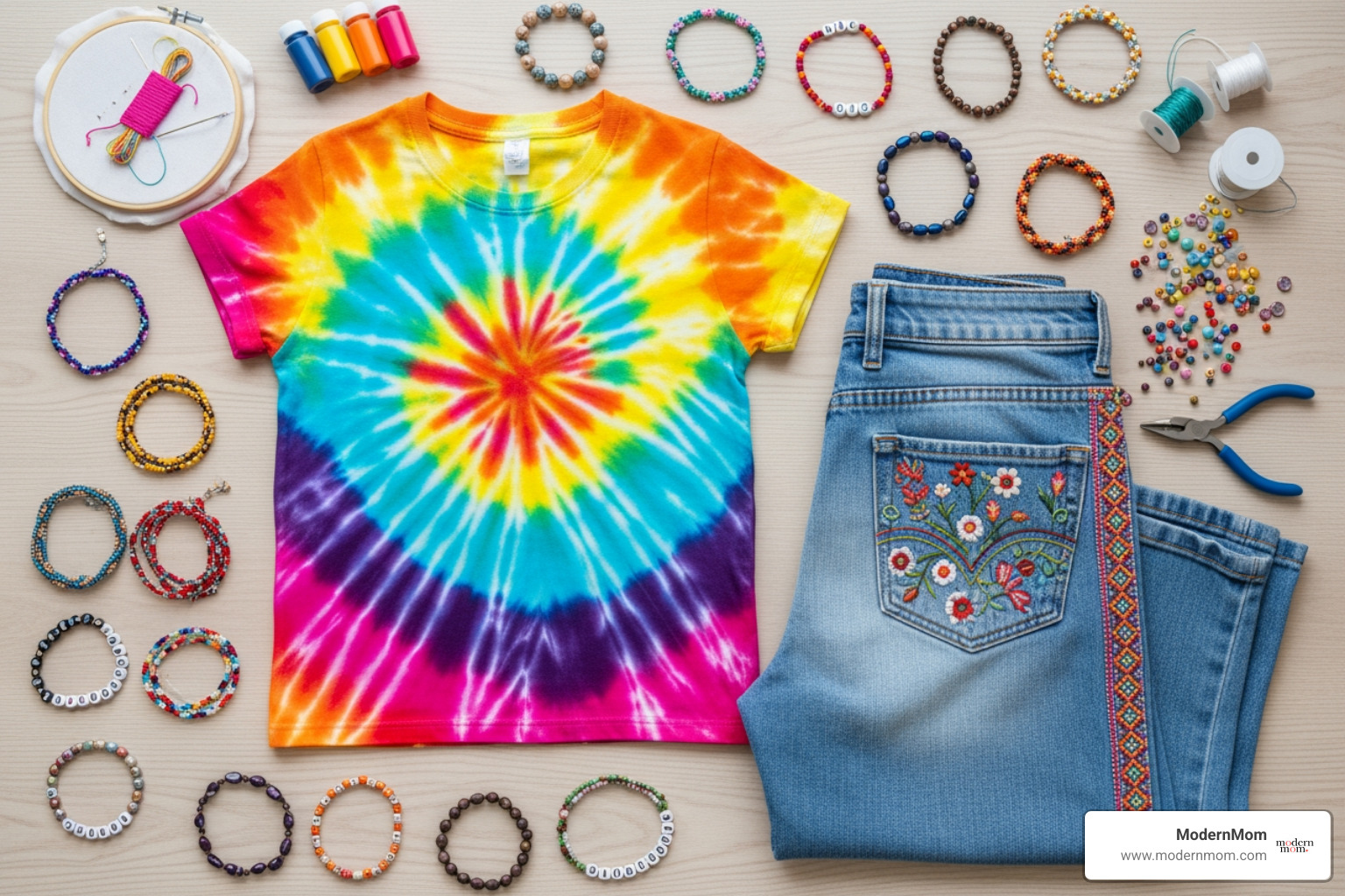 trendy DIY accessories like tie-dye shirts, custom-embroidered jeans, and beaded bracelets - diy craft ideas for teens