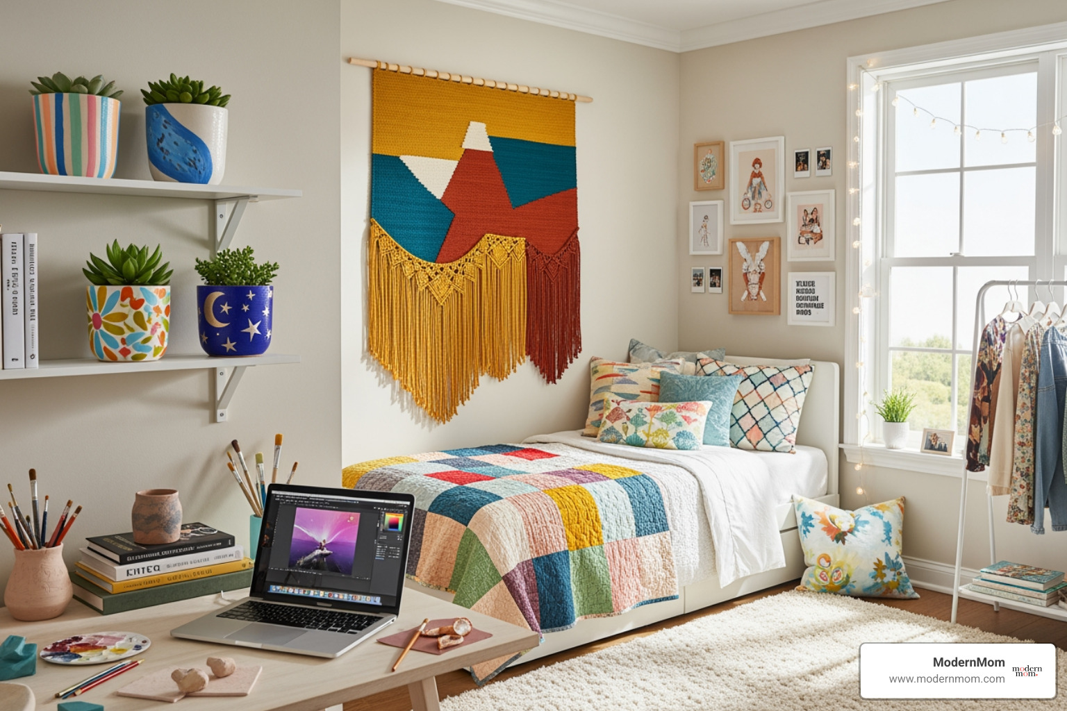 stylish teen bedroom featuring several DIY decor items like a yarn wall hanging and painted planters - diy craft ideas for teens