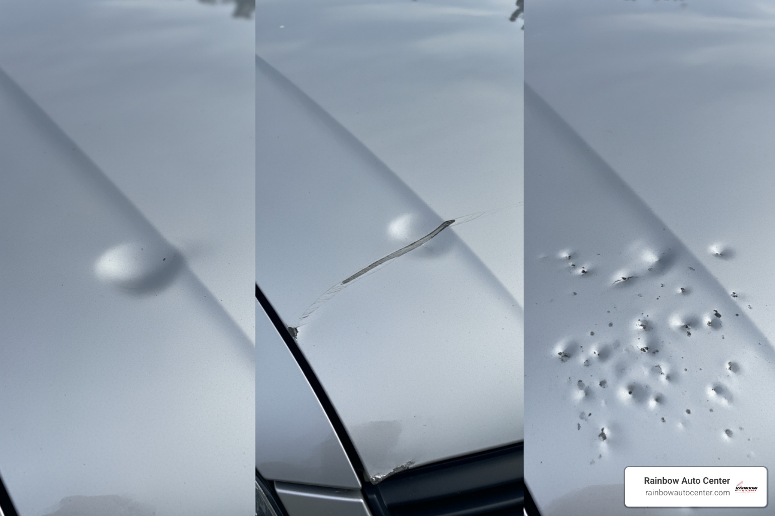 side-by-side comparison of a shallow round dent, a sharp crease dent, and hail damage on car hoods - fix hood dent