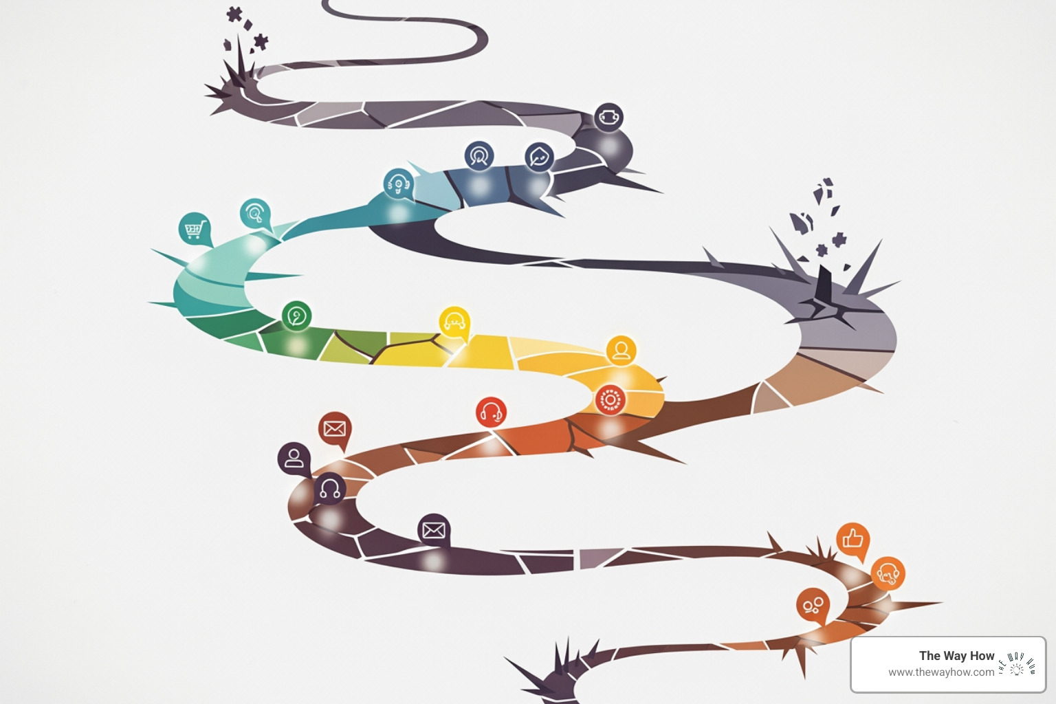 conceptual illustration of a detailed customer journey map, showing touchpoints, emotions, and pain points as interconnected elements - customer journey stages