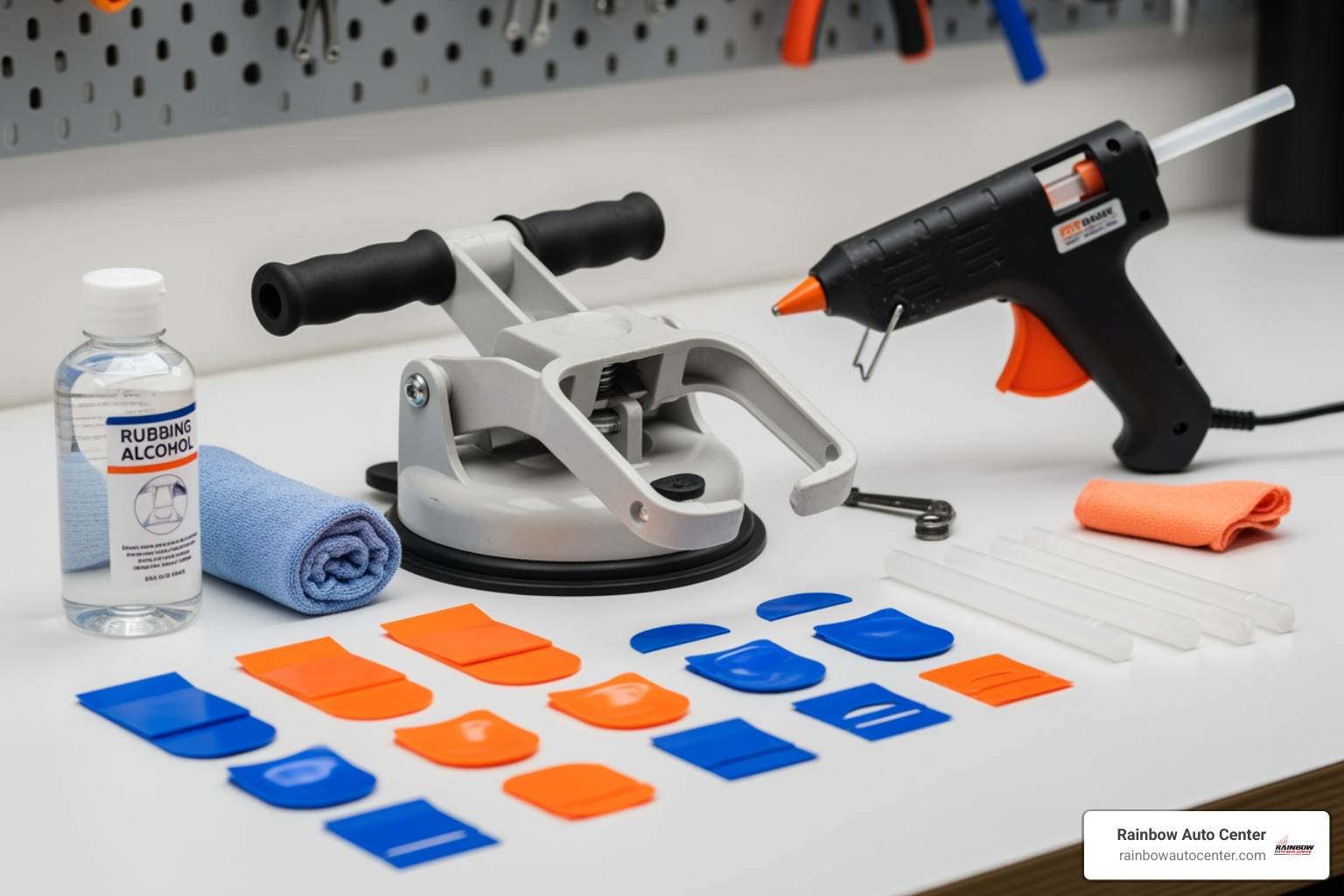 DIY dent repair kit with a suction cup puller, glue gun, and tabs - fix hood dent