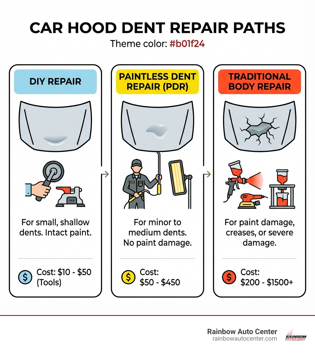 infographic showing three repair paths with icons: DIY Repair for small shallow dents with intact paint showing tools like suction cups and cost of $10-50, Paintless Dent Repair for minor to medium dents with no paint damage showing a technician with specialized tools and cost of $50-450, and Traditional Body Shop Repair for dents with paint damage or severe damage showing painting equipment and cost of $200-1500 plus - fix hood dent infographic 