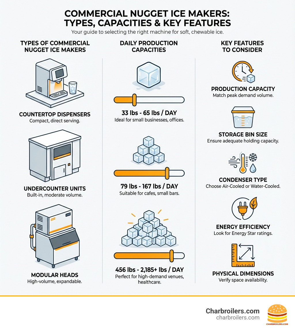 Infographic showing three columns: Types of Commercial Nugget Ice Makers (Countertop, Undercounter, Modular), Daily Production Capacities (ranging from 33 lbs to 2,185+ lbs per day), and Key Features to Consider (Production Capacity, Storage Bin Size, Condenser Type, Energy Efficiency, Physical Dimensions) - commercial ice makers nugget infographic 
