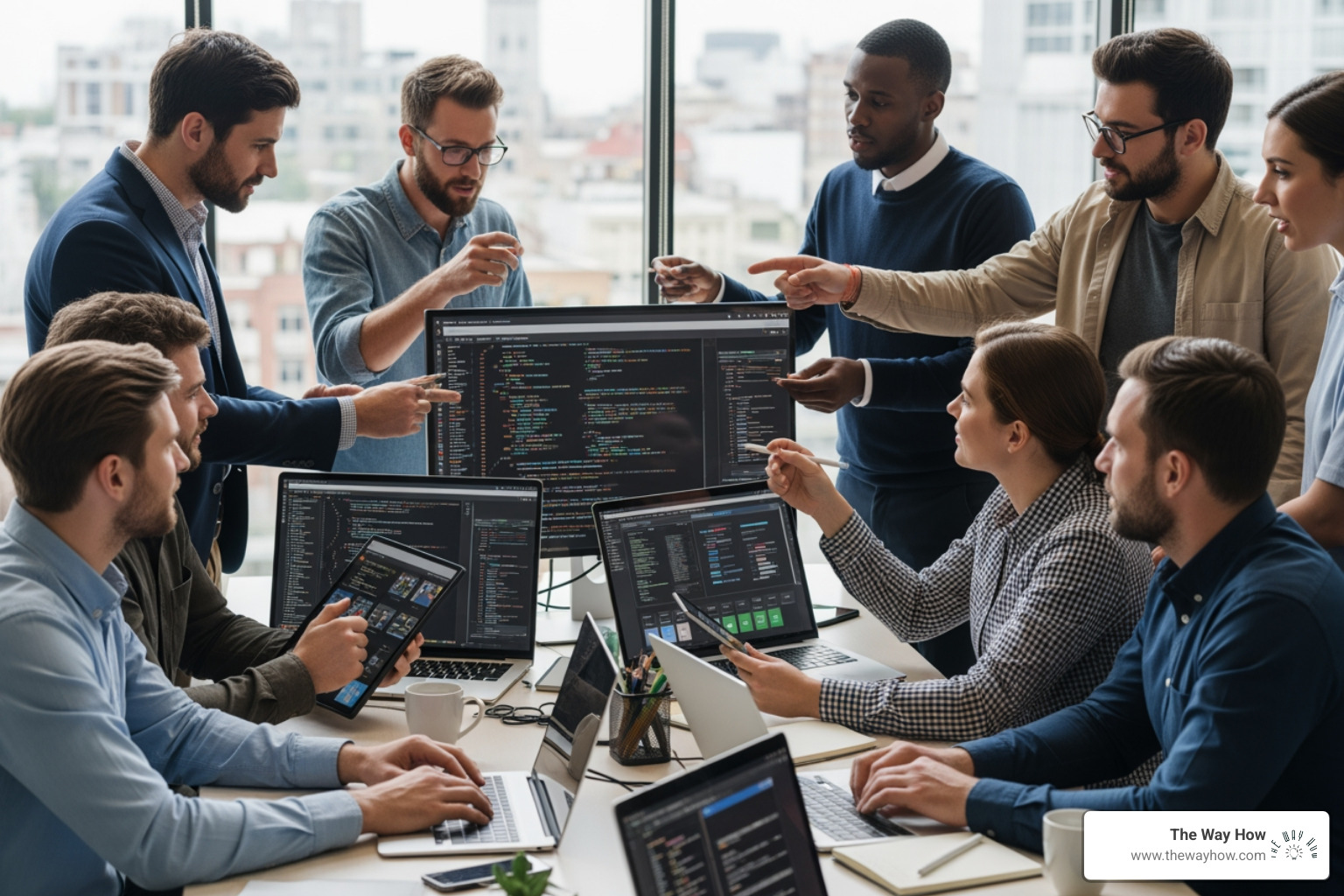 A diverse team of developers and business stakeholders collaborating around a whiteboard with CRM workflow diagrams - crm software developers A diverse team of developers and business stakeholders collaborating around a whiteboard with CRM workflow diagrams - crm software developers