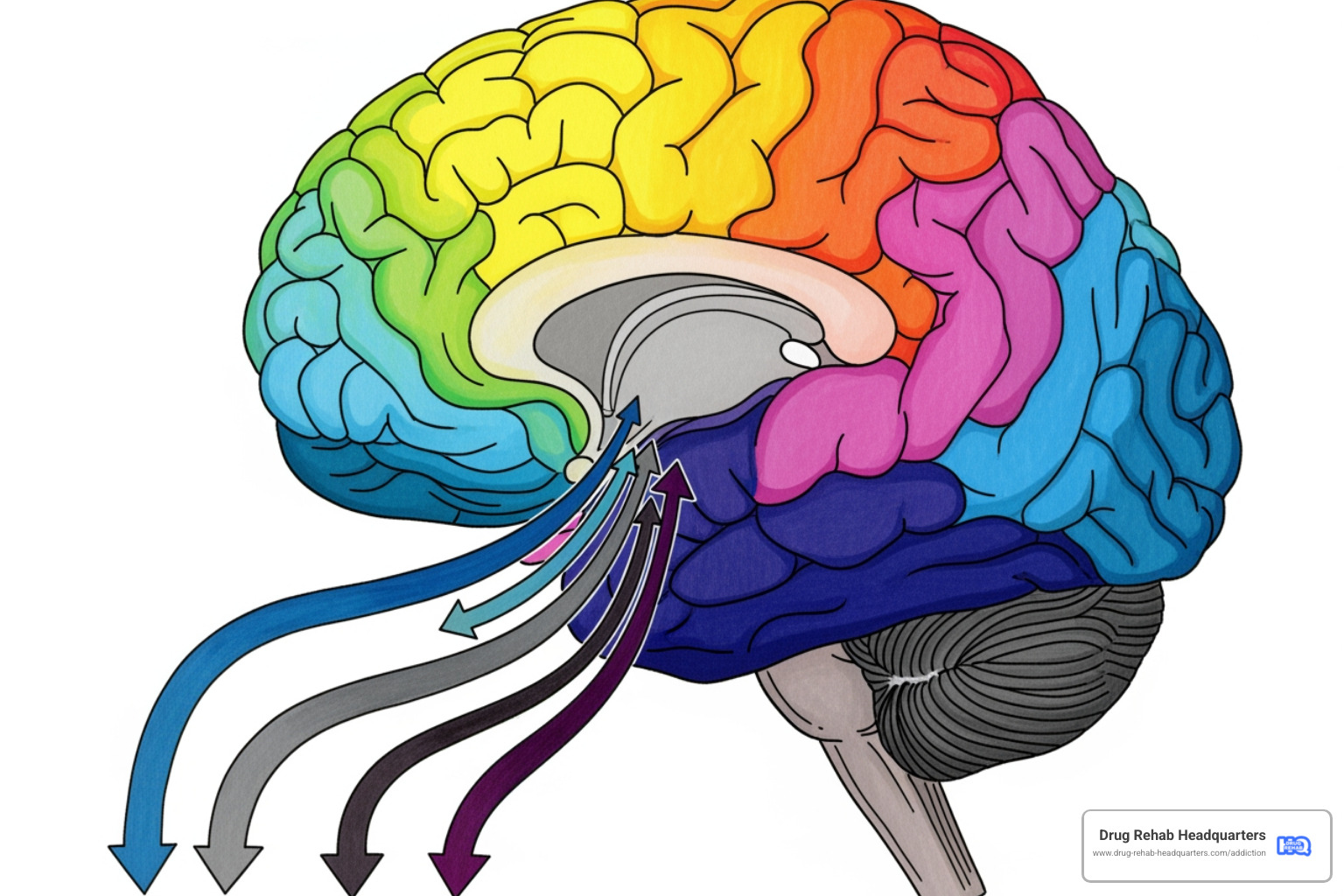 Illustration showing a brain with different colored sections representing mood states, with arrows pointing from extreme highs (mania) to extreme lows (depression), and a balanced middle ground. - bipolar disorder rehab