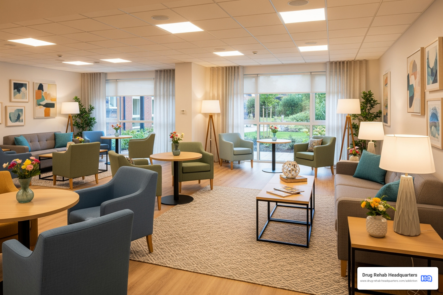 Image of a bright, modern, and comfortable common area in a mental health treatment facility, suggesting a welcoming and supportive environment. - bipolar disorder rehab