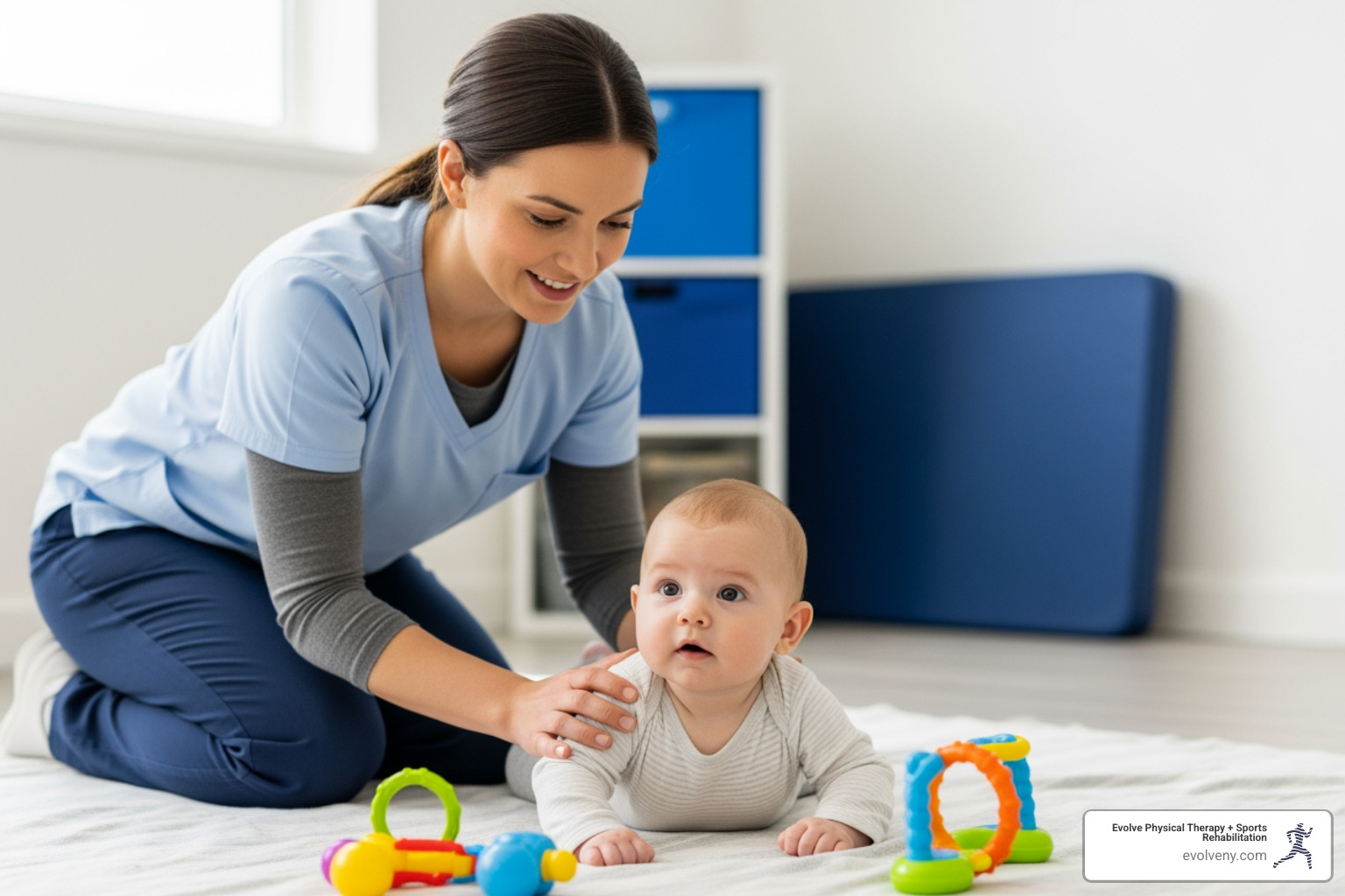 therapist working with infant on tummy time - Physical therapy for kids