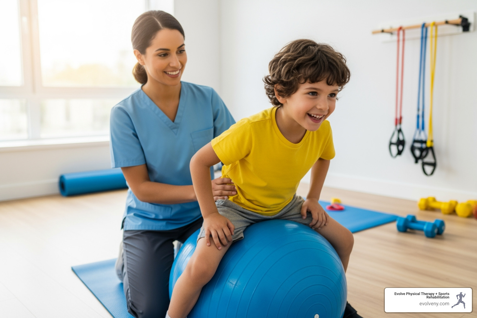 child on therapy ball with therapist - Physical therapy for kids