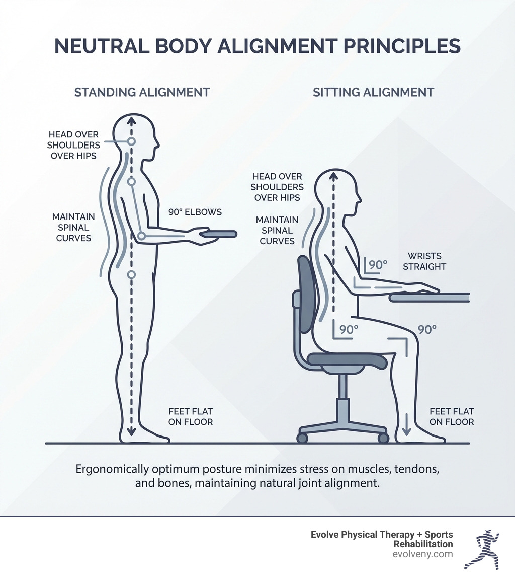 Infographic showing neutral body alignment principles: side view of a person sitting and standing with proper alignment of head over shoulders, shoulders over hips, maintaining spinal curves, with 90-degree angles at hips, knees, and elbows, feet flat on floor, and wrists straight - what is the ergonomically optimum body posture infographic 