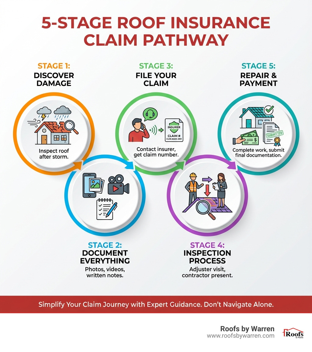 Infographic explaining the 5 key stages of a roof insurance claim: Stage 1 - Discover Damage (inspect roof after storm), Stage 2 - Document Everything (photos, videos, written notes), Stage 3 - File Your Claim (contact insurer, get claim number), Stage 4 - Inspection Process (adjuster visit, contractor present), Stage 5 - Repair and Payment (complete work, submit final documentation) - Insurance claim roofing help infographic 