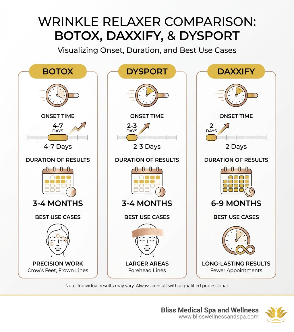 Comparison infographic showing how Botox, Dysport, and Daxxify differ in onset time (4-7 days, 2-3 days, and 2 days respectively), duration of results (3-4 months, 3-4 months, and 6-9 months respectively), and best use cases (precision work, larger areas, and long-lasting results) - Wrinkle Relaxers: Botox, Daxxify, and Dysport infographic Comparison infographic showing how Botox, Dysport, and Daxxify differ in onset time (4-7 days, 2-3 days, and 2 days respectively), duration of results (3-4 months, 3-4 months, and 6-9 months respectively), and best use cases (precision work, larger areas, and long-lasting results) - Wrinkle Relaxers: Botox, Daxxify, and Dysport infographic