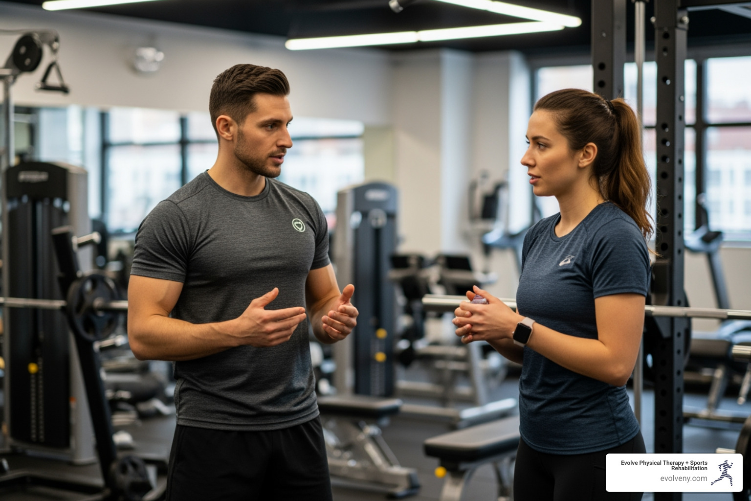 Coach consulting with a new client at a Brooklyn gym - Brooklyn strength and conditioning Coach consulting with a new client at a Brooklyn gym - Brooklyn strength and conditioning