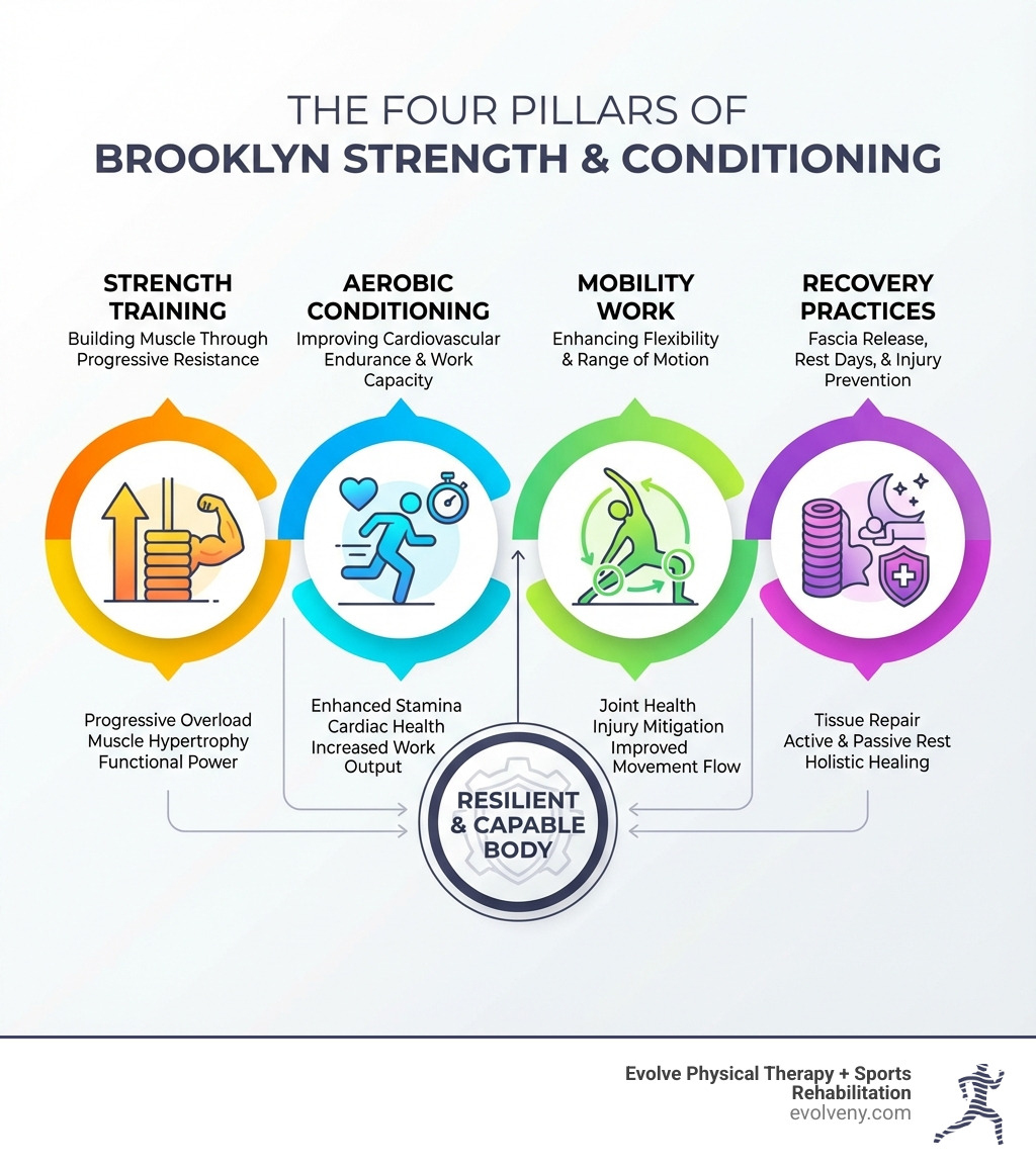 Infographic showing the four pillars of Brooklyn strength and conditioning: Strength Training (building muscle through progressive resistance), Aerobic Conditioning (improving cardiovascular endurance and work capacity), Mobility Work (enhancing flexibility and range of motion), and Recovery Practices (fascia release, rest days, and injury prevention) - Brooklyn strength and conditioning infographic Infographic showing the four pillars of Brooklyn strength and conditioning: Strength Training (building muscle through progressive resistance), Aerobic Conditioning (improving cardiovascular endurance and work capacity), Mobility Work (enhancing flexibility and range of motion), and Recovery Practices (fascia release, rest days, and injury prevention) - Brooklyn strength and conditioning infographic