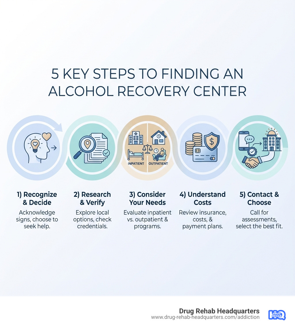 Infographic showing 5 key steps to finding an alcohol recovery center: 1) Recognize the signs and decide to seek help, 2) Research local treatment options and verify credentials, 3) Consider your needs: inpatient vs outpatient, specialized programs, 4) Understand costs, insurance coverage, and payment options, 5) Contact centers for assessments and choose the best fit - alcohol recovery centers near me infographic 