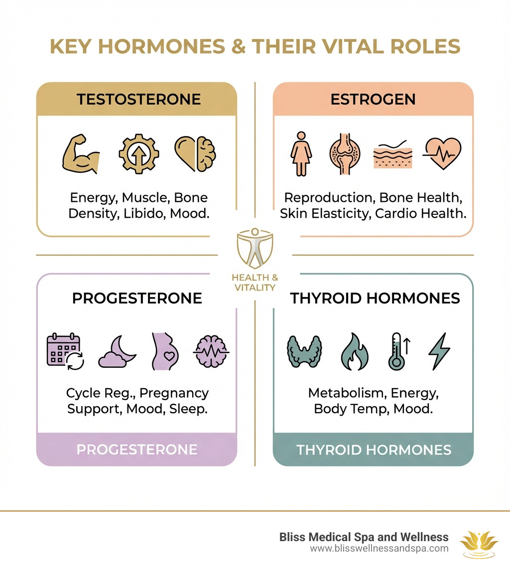 Infographic showing the key hormones and their roles: Testosterone (influences energy, muscle mass, bone density, libido, and mood in both men and women), Estrogen (regulates reproductive functions, bone health, skin elasticity, and cardiovascular health), Progesterone (essential for menstrual cycle regulation, pregnancy support, mood, and sleep), and Thyroid Hormones (regulate metabolism, energy levels, body temperature, and mood) - hormone therapy Phoenix infographic 